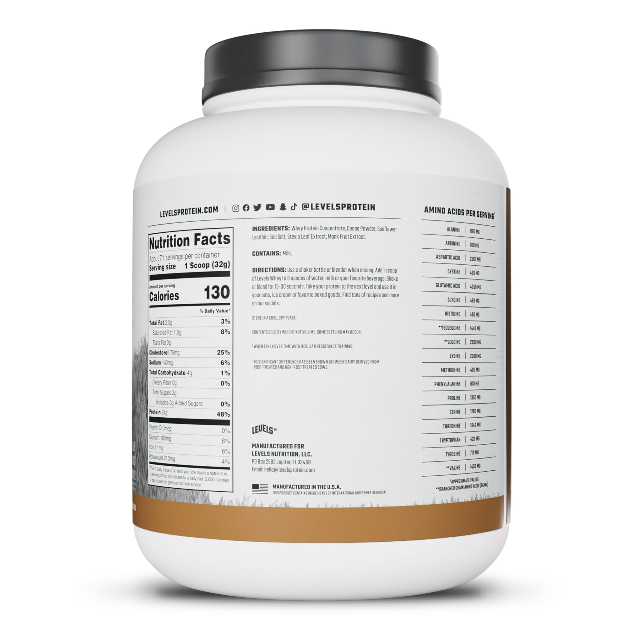 Levels Nutrition envase 5 lb junto a una referencia de tamaño para escala realista