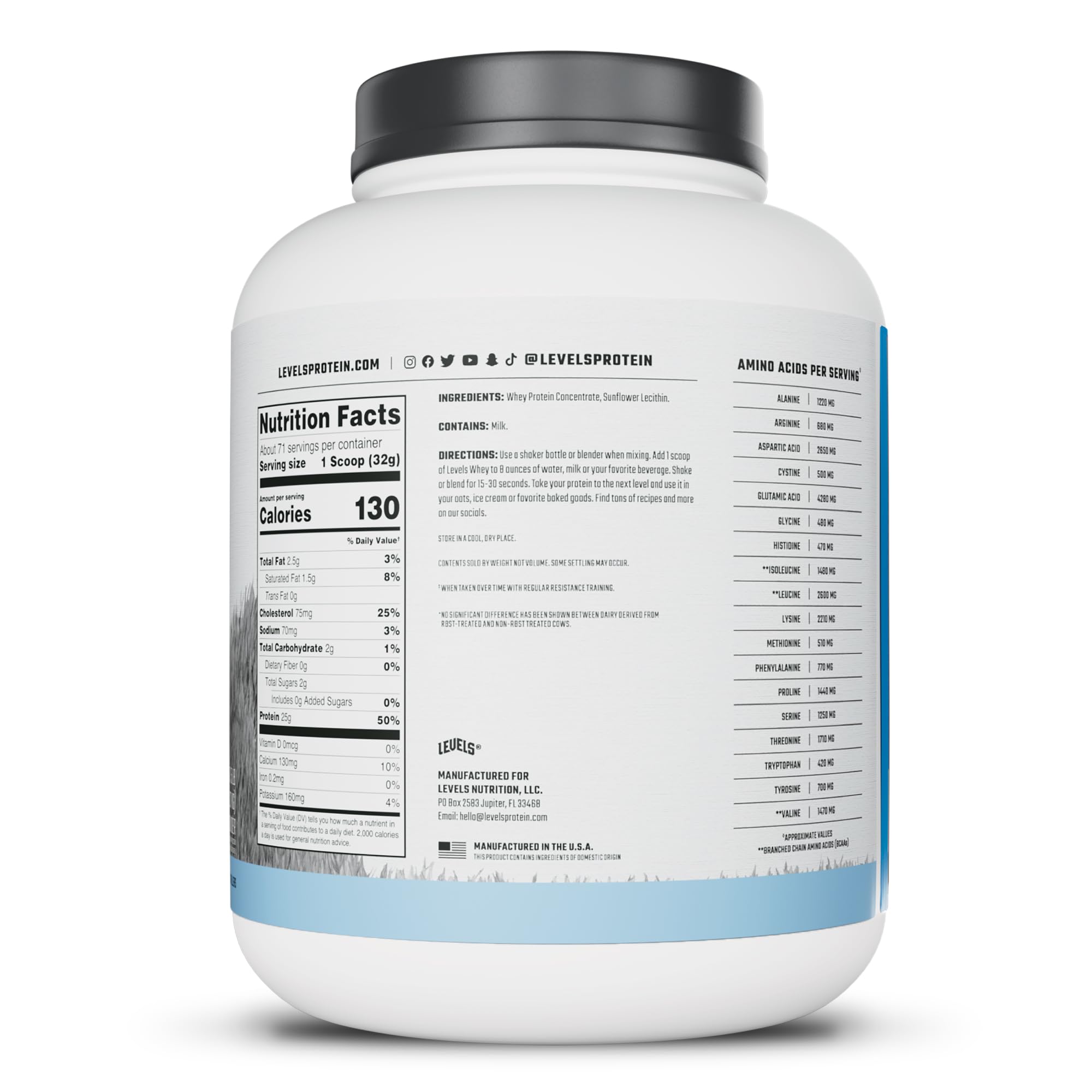 Comparación de tamaño del envase Levels Whey 5LB para referencia de compra