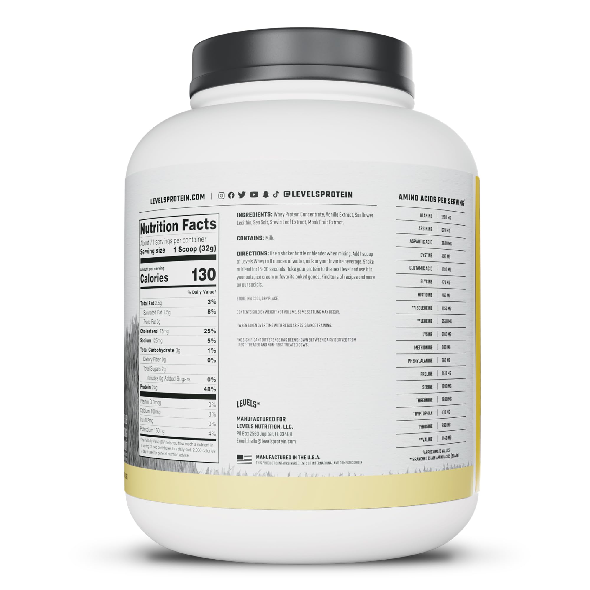Detalle de la tabla nutricional de Levels Whey para lecturas claras