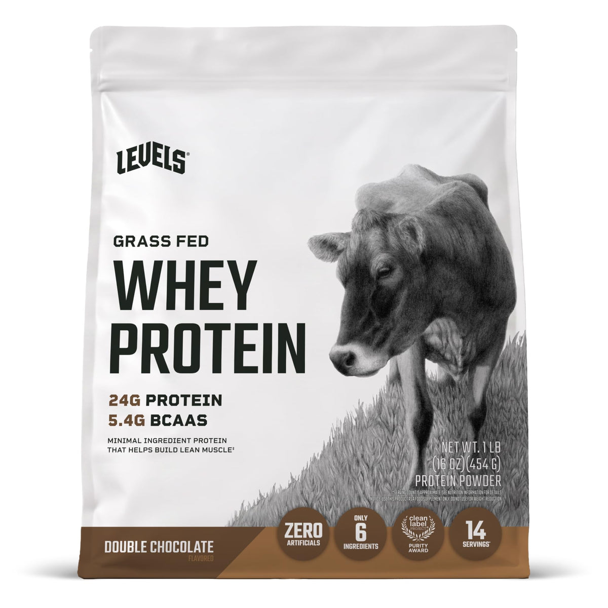Levels Whey envase frontal mostrando diseño y sabor doble chocolate, aporta confianza en calidad