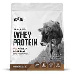 Levels Whey envase frontal mostrando diseño y sabor doble chocolate, aporta confianza en calidad