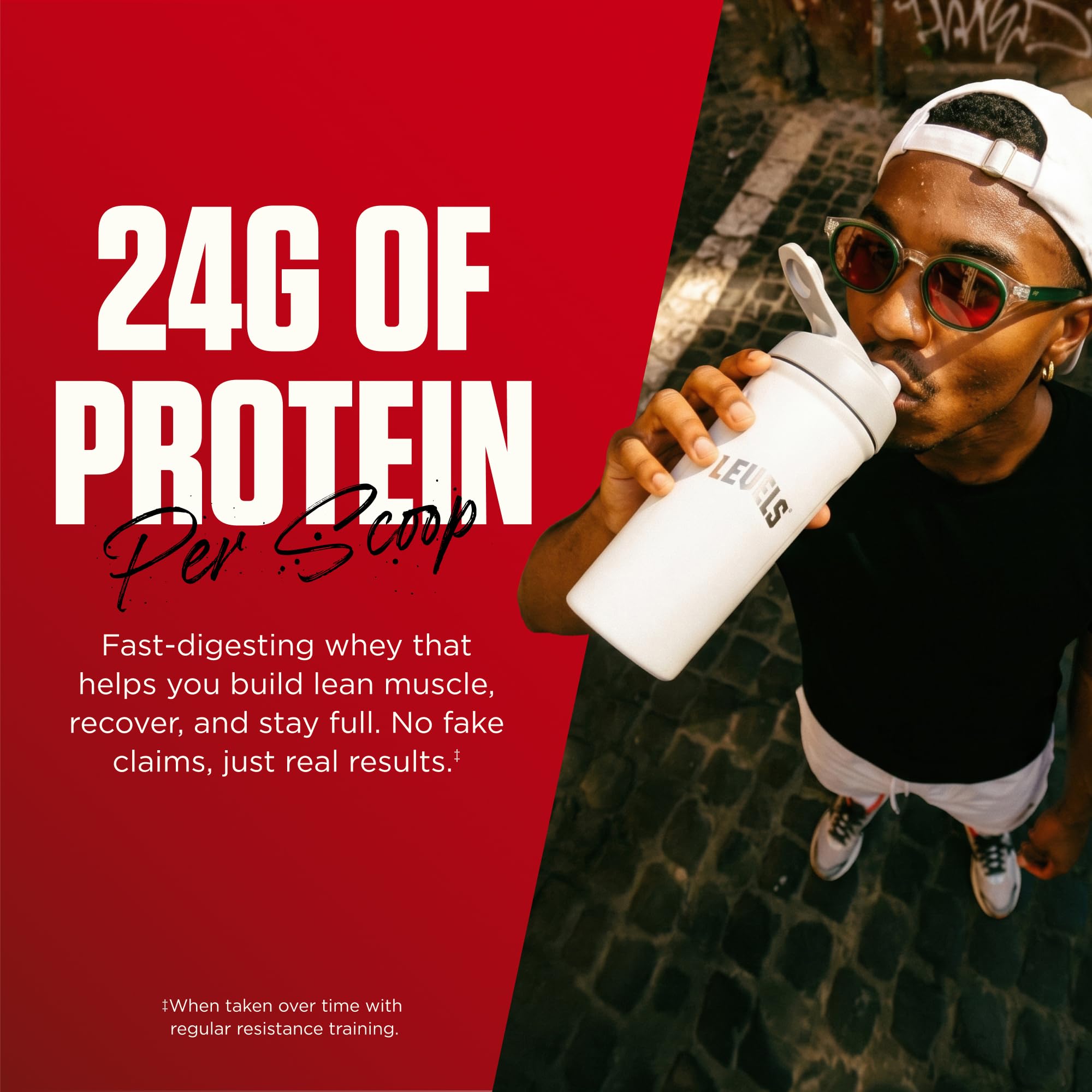 Levels Nutrition etiqueta nutricional visible 24g proteína y 5.4g BCAA por scoop