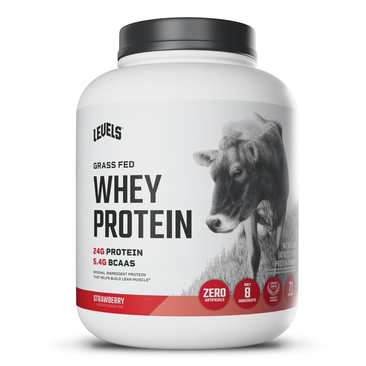 Levels Whey envase frontal 5LB mostrando diseño y sabor fresa, claridad de ingredientes