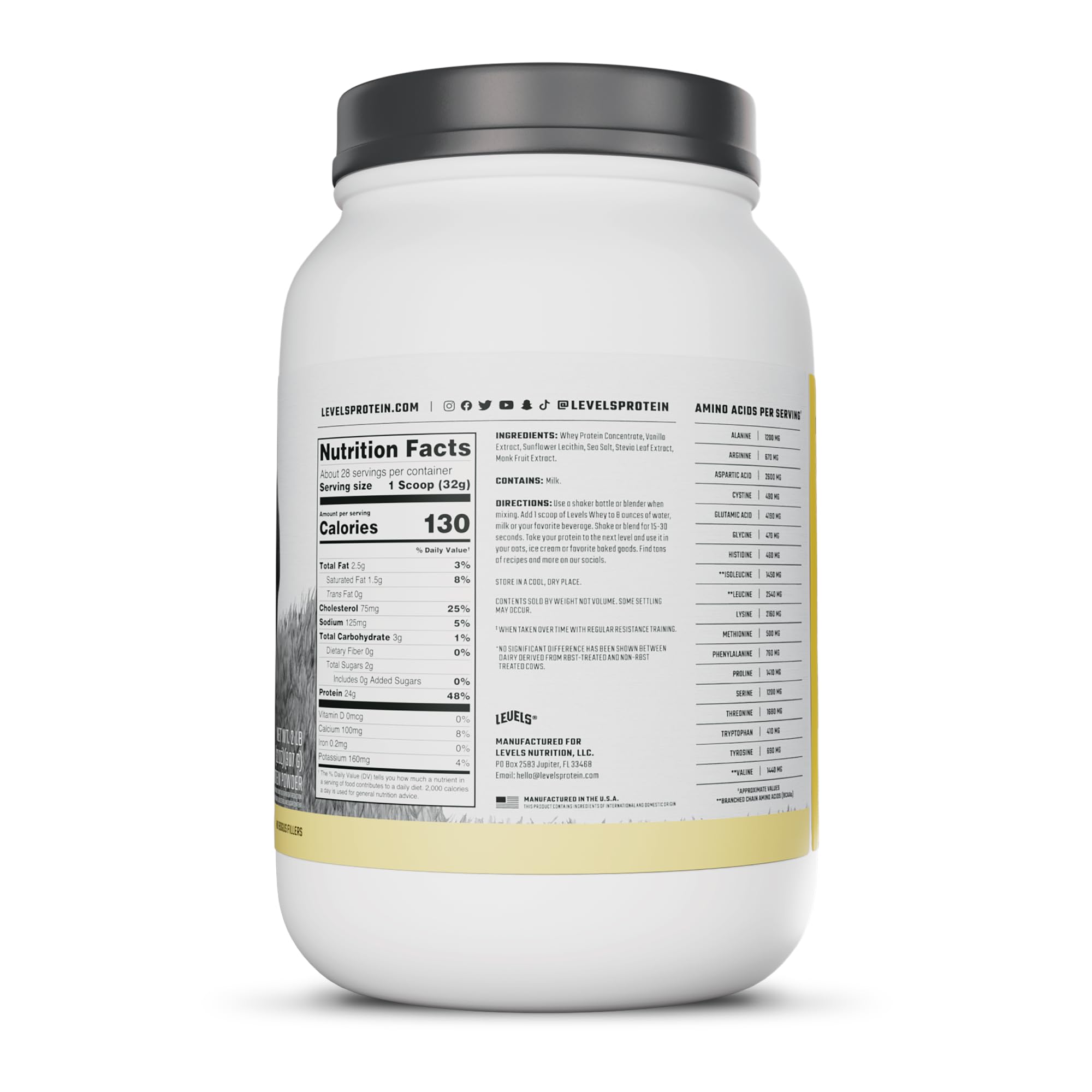 Comparación de tamaño del envase Levels Whey de 2LB para referencia