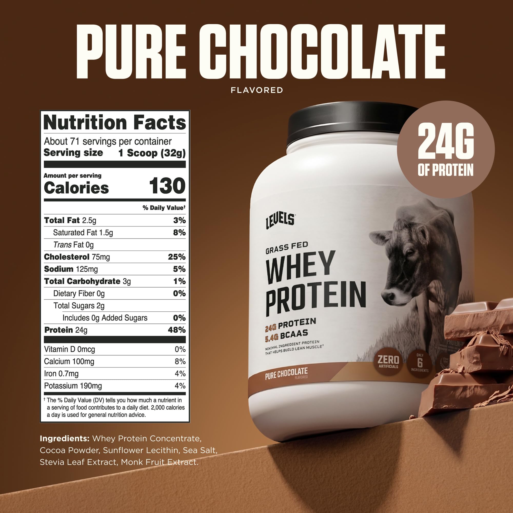 Polvo de Levels Whey textura fina y cacao natural para mezclas cremosas
