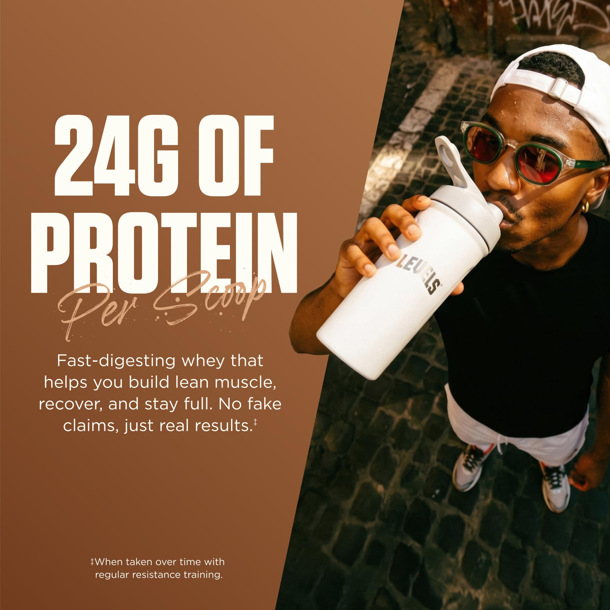 Vaso con batido Levels Whey listo para beber, sabor chocolate real