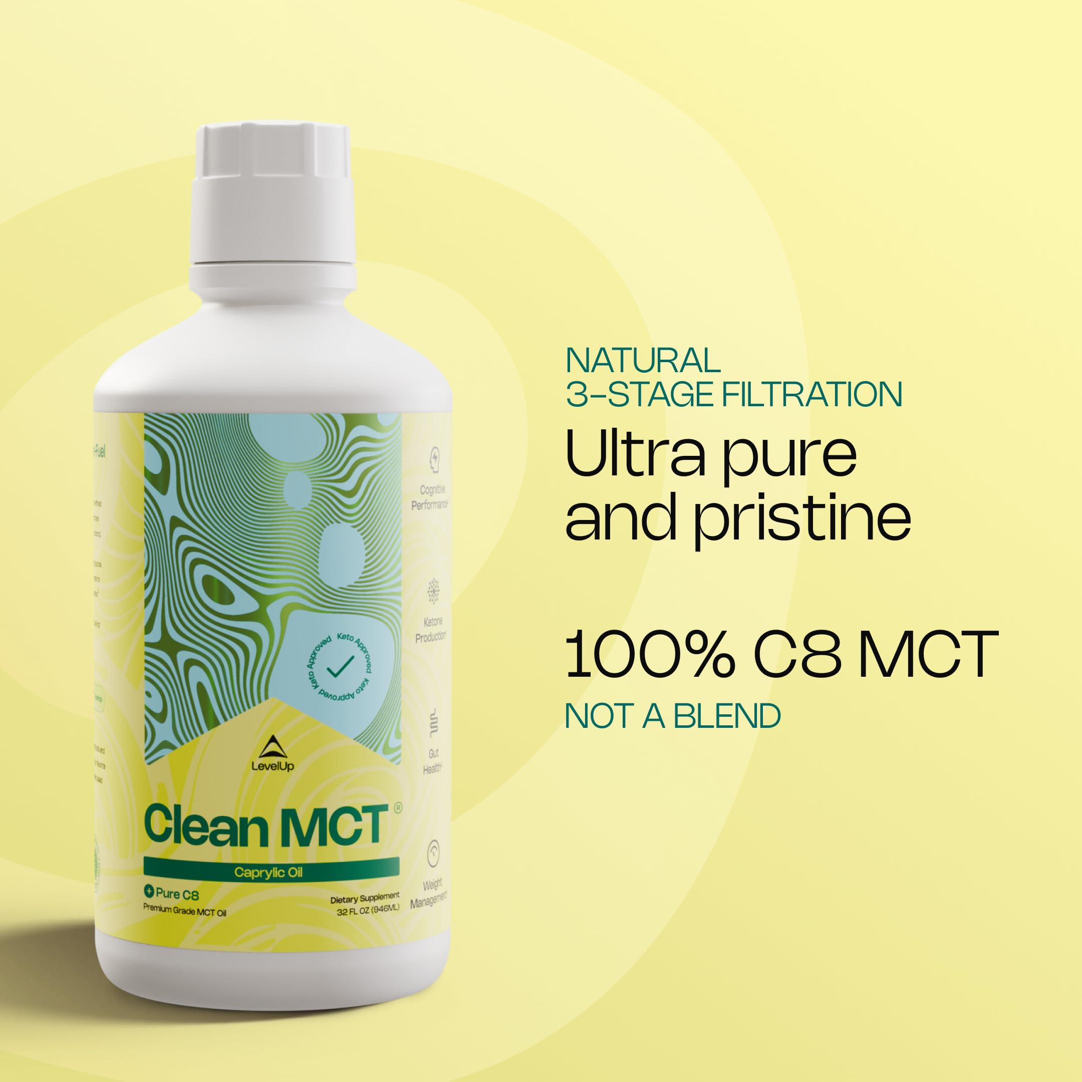 LevelUp aceite MCT botella junto a una regla para comparar tamaño