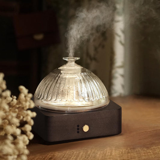 Levoair difusor frontal con cúpula de vidrio y base de madera, aporta estilo y pureza