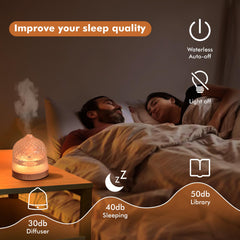 Difusor Levoair en uso sobre mesita de noche creando ambiente relajante sin ruidos
