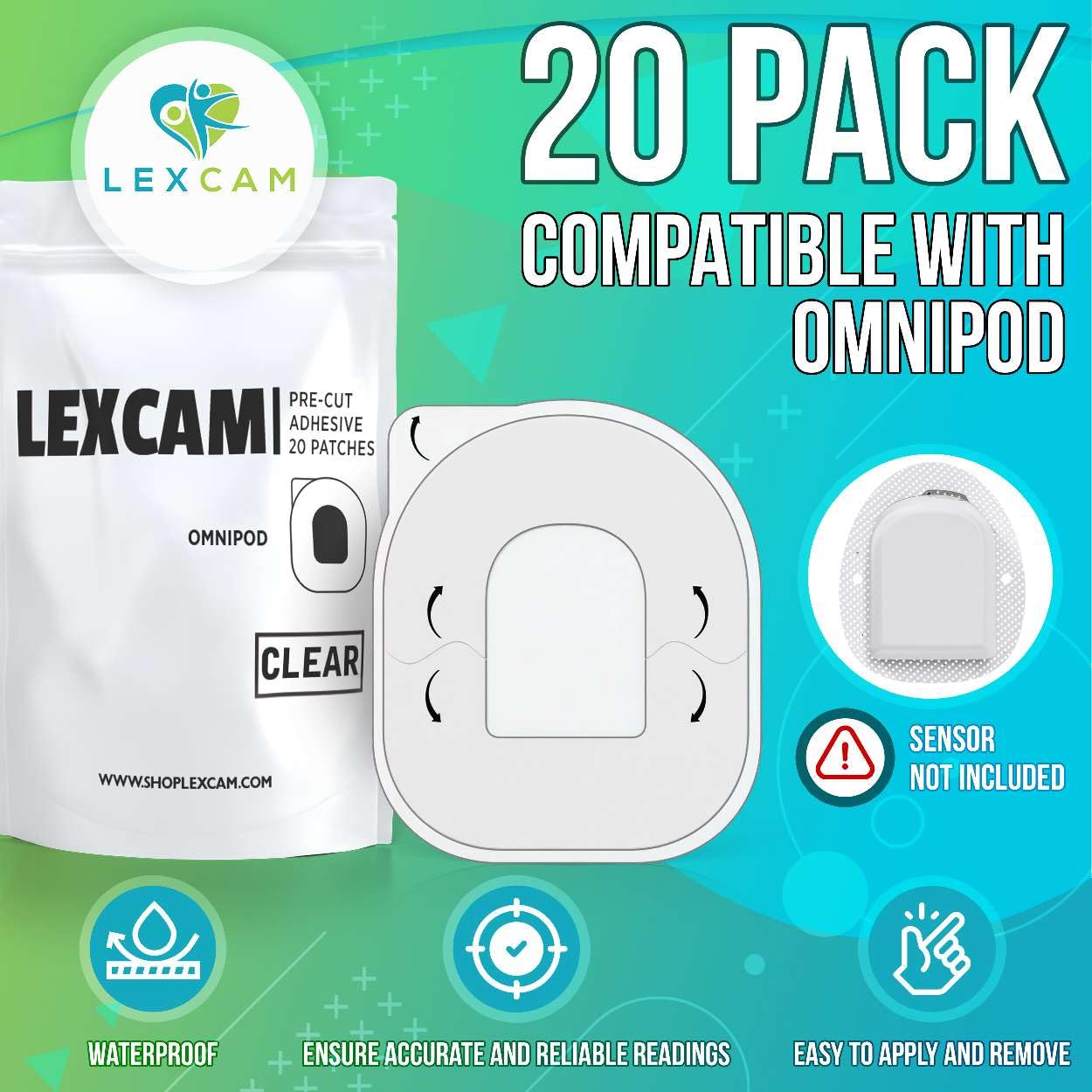 Lexcam parche junto a Omnipod 5 muestra tamaño y ajuste seguro