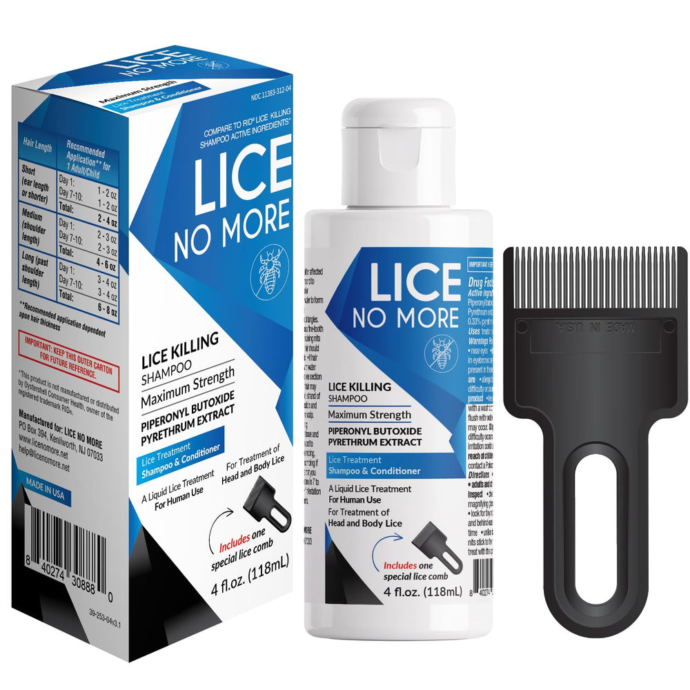Lice No More frente del envase mostrando tamaño práctico y ventaja de portabilidad
