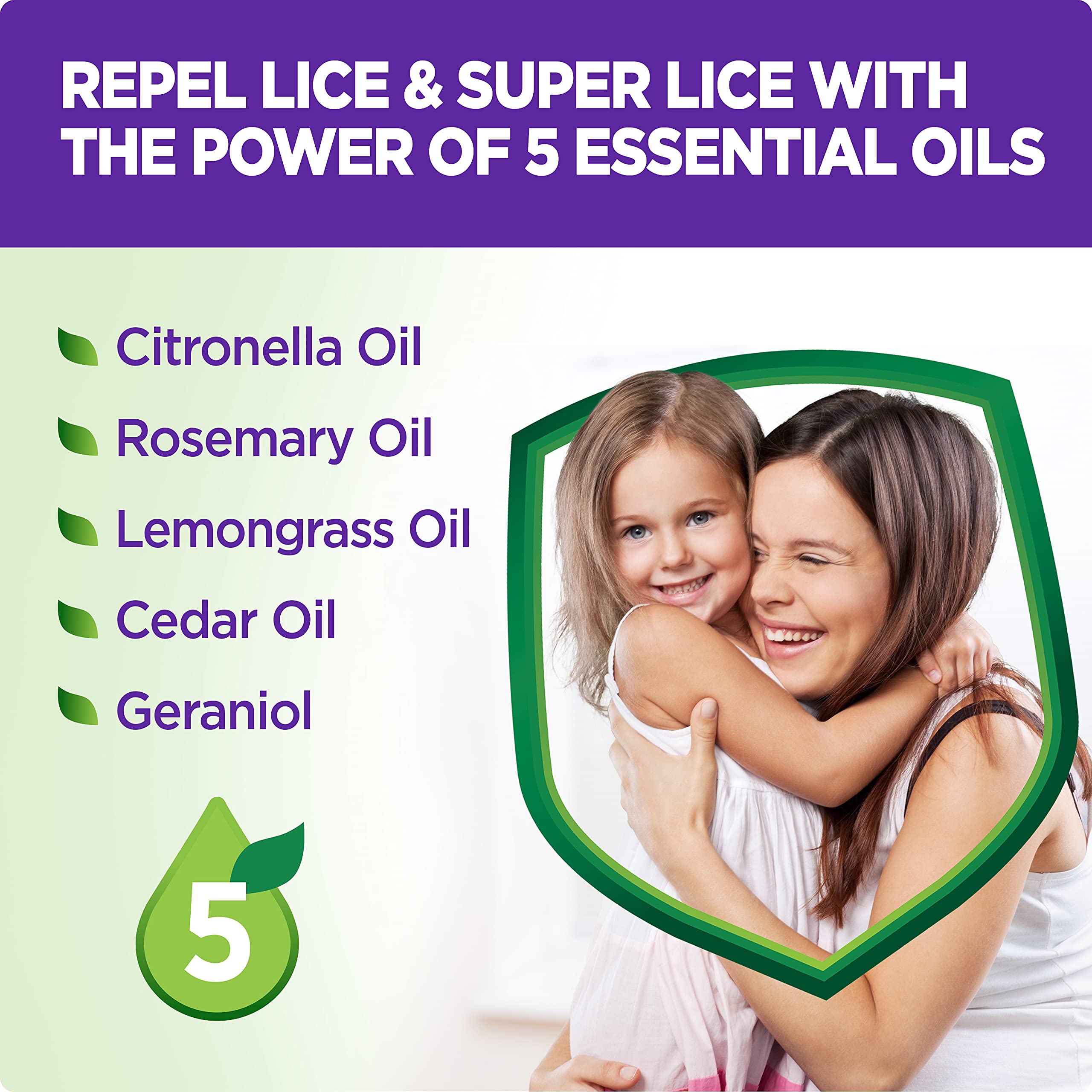 Lice Shield etiqueta con lista de aceites esenciales para tranquilidad del usuario