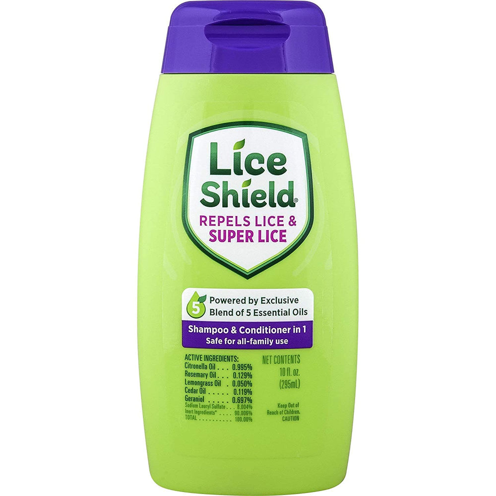 Lice Shield botella frontal mostrando diseño y tamaño práctico para familias