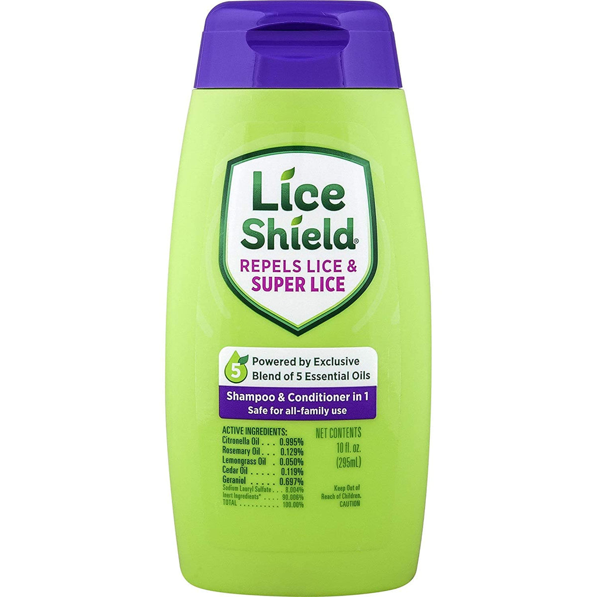 Lice Shield botella frontal mostrando diseño y tamaño práctico para familias