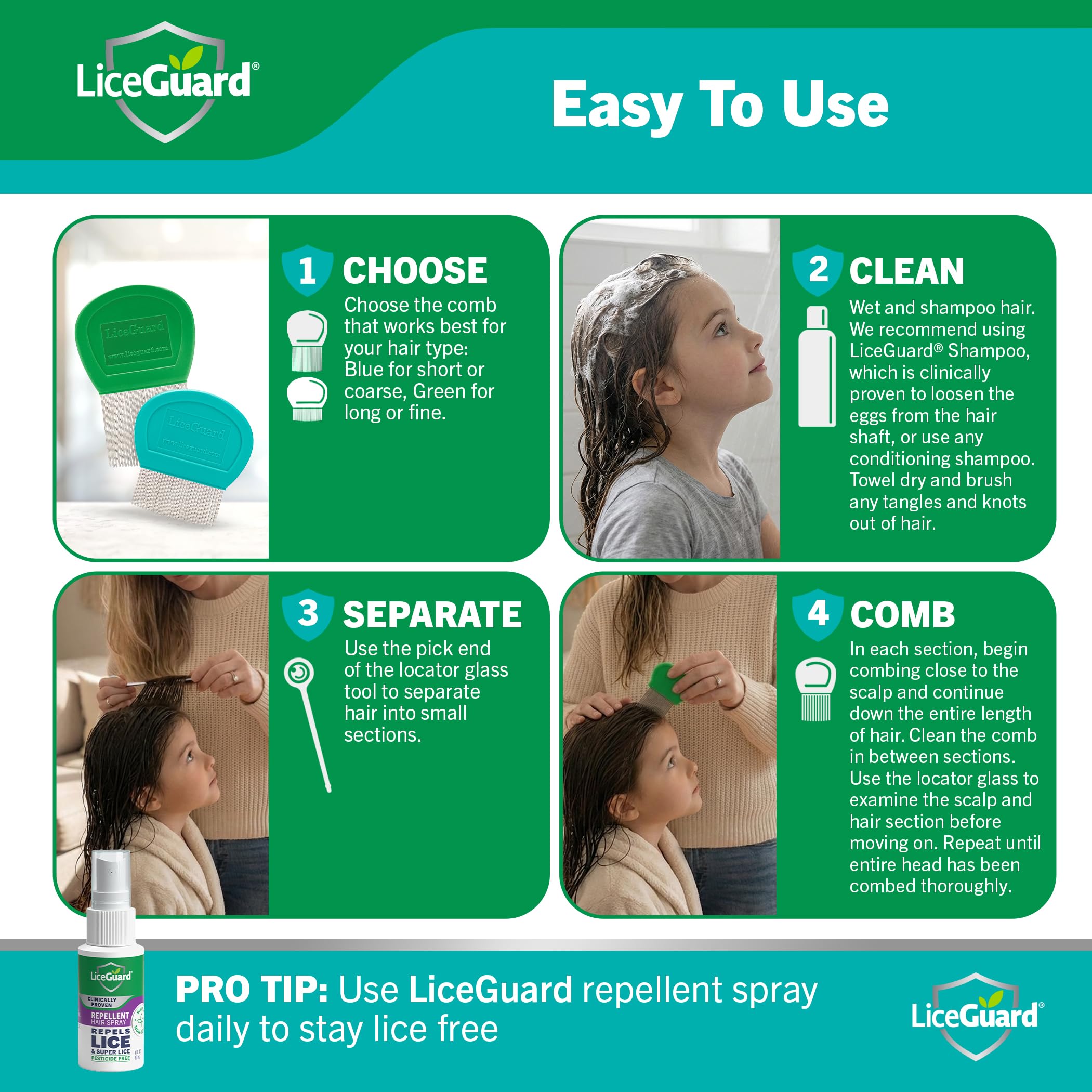 LiceGuard etiqueta y marca en el mango, materiales duraderos y seguros
