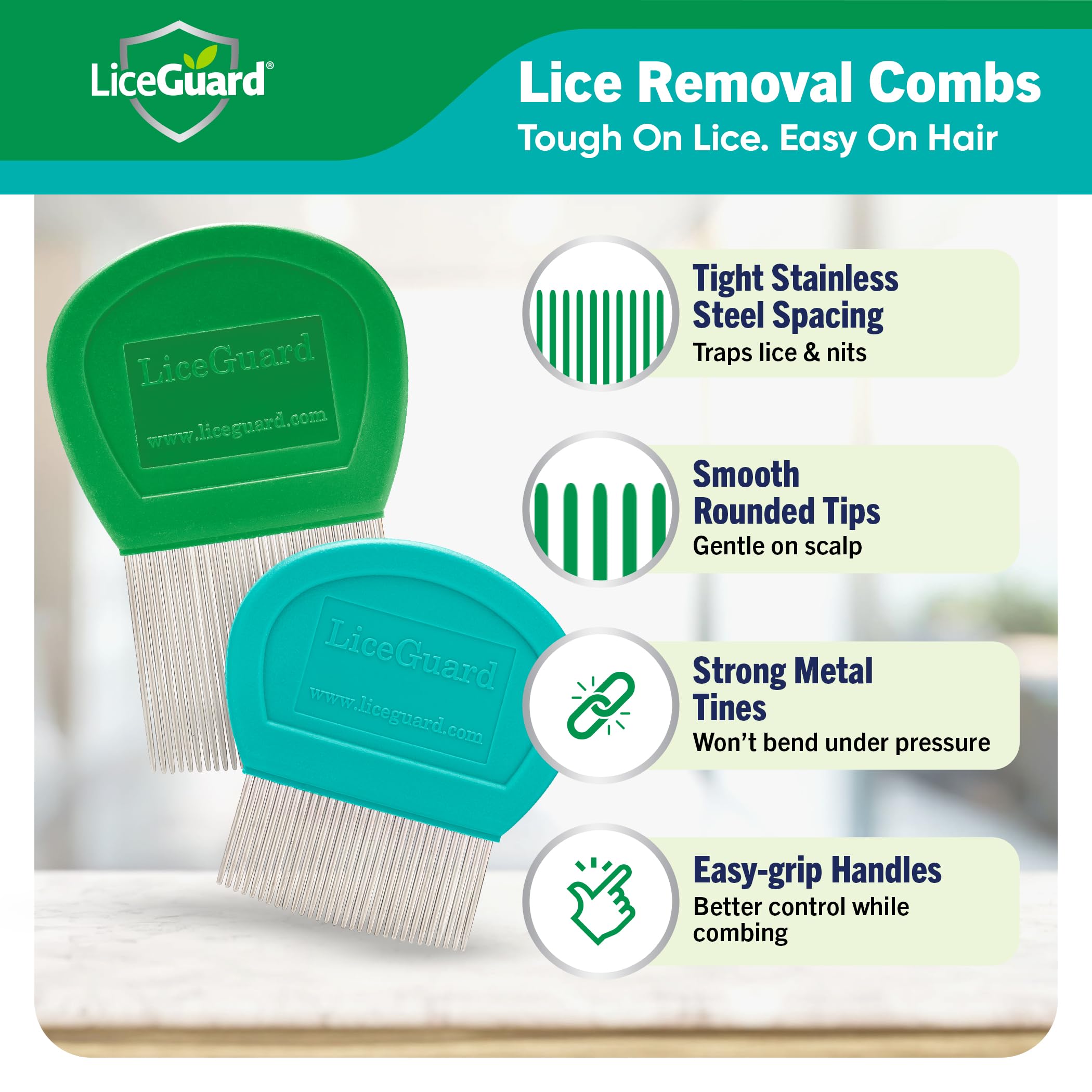 LiceGuard peine de dientes largos en mano, agarre ergonómico y control