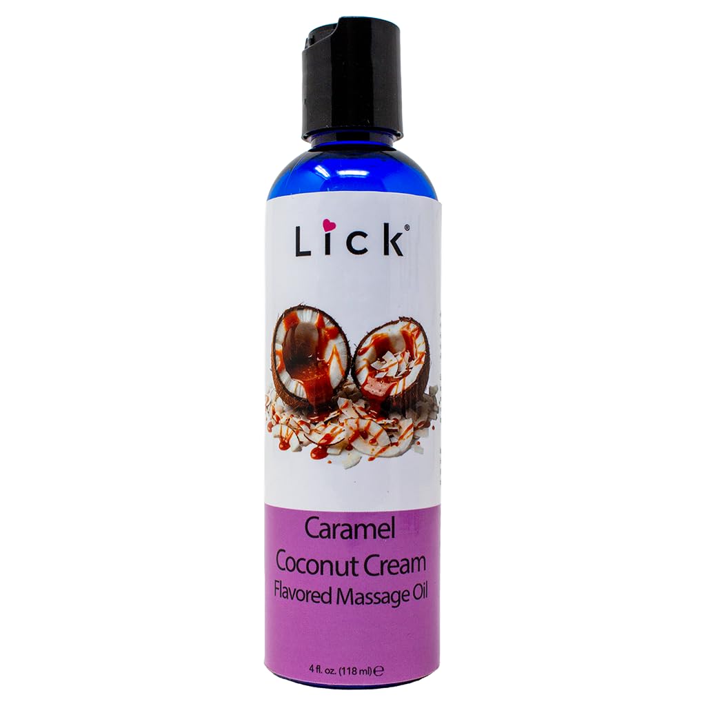 LICK botella frontal mostrando etiqueta y aroma caramelo coco, atractivo visual