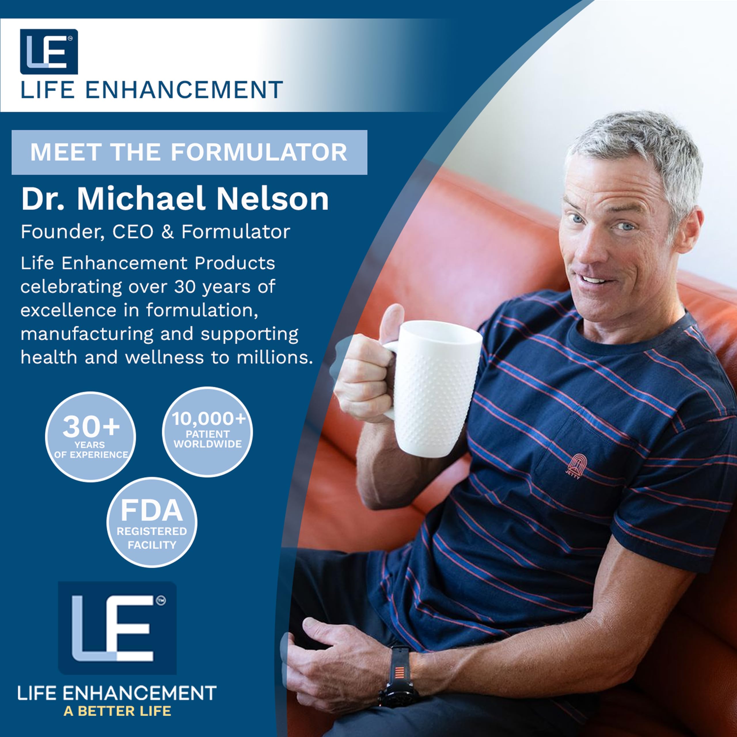 Life Enhancement frasco sobre mesa de desayuno integrando suplemento al estilo de vida