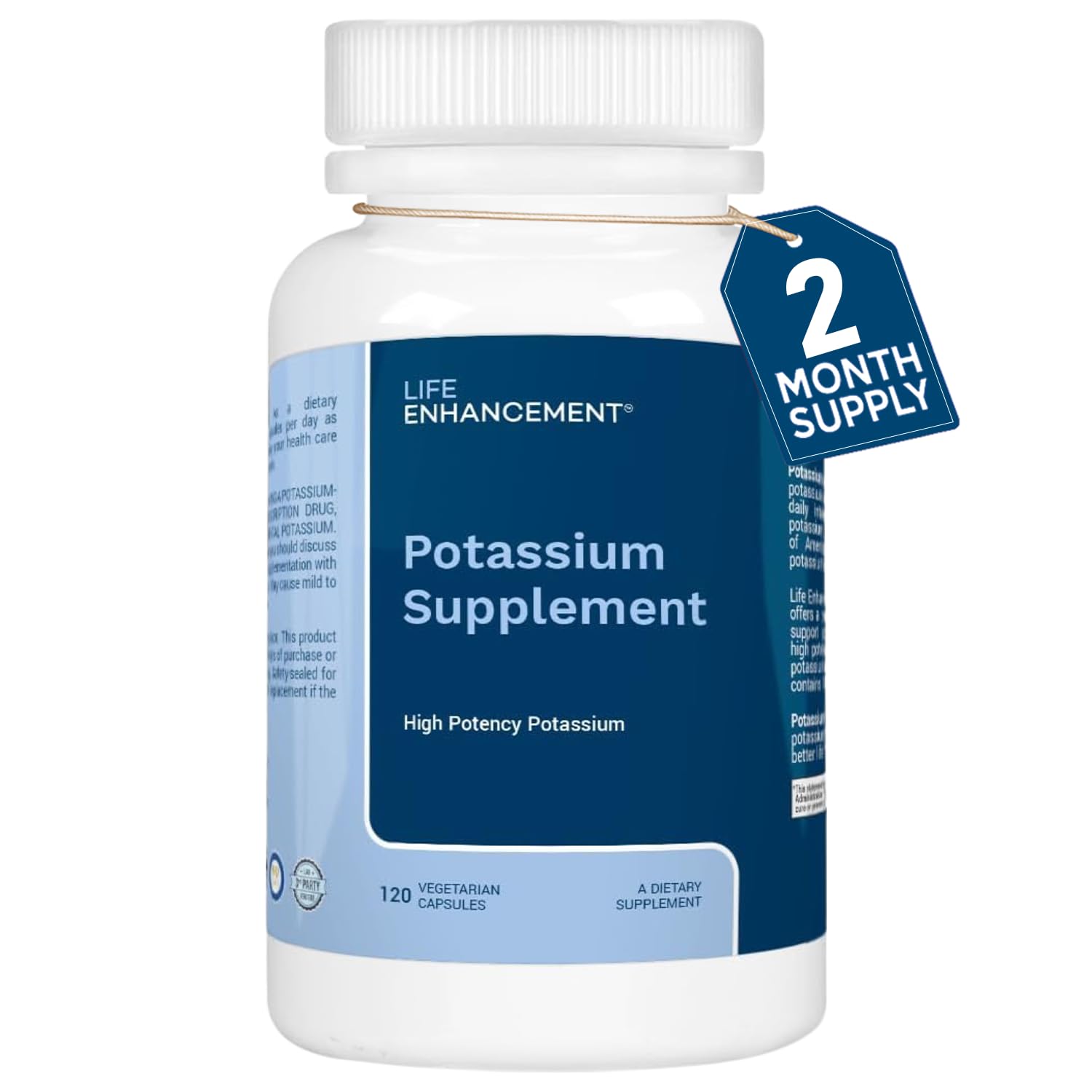 Life Enhancement frasco frontal mostrando etiqueta y cantidad, ayuda a elegir potasio puro