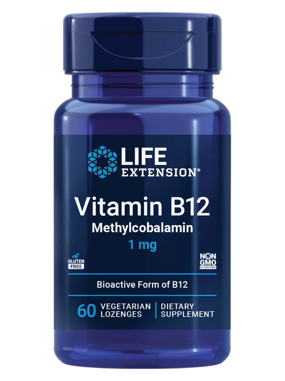 Life Extension empaque frontal que muestra el suplemento B12 y beneficio práctico