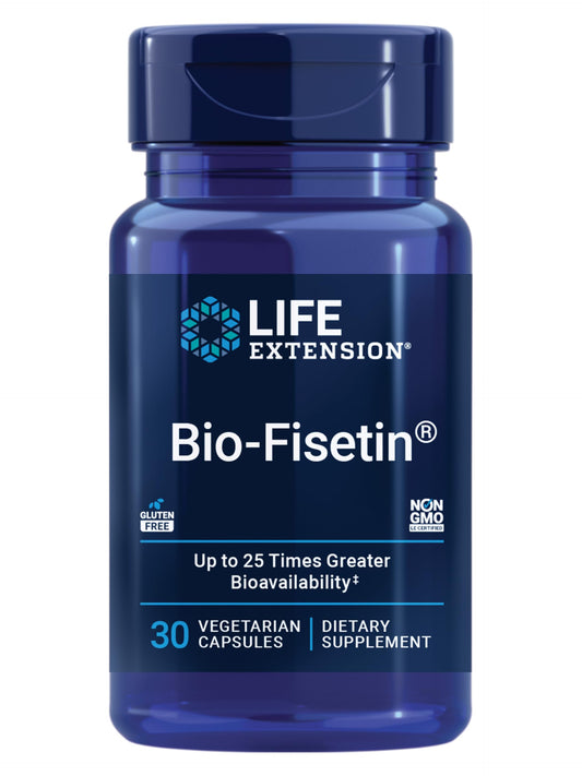 Life Extension envase frontal mostrando Bio-Fisetin, claridad de dosificación