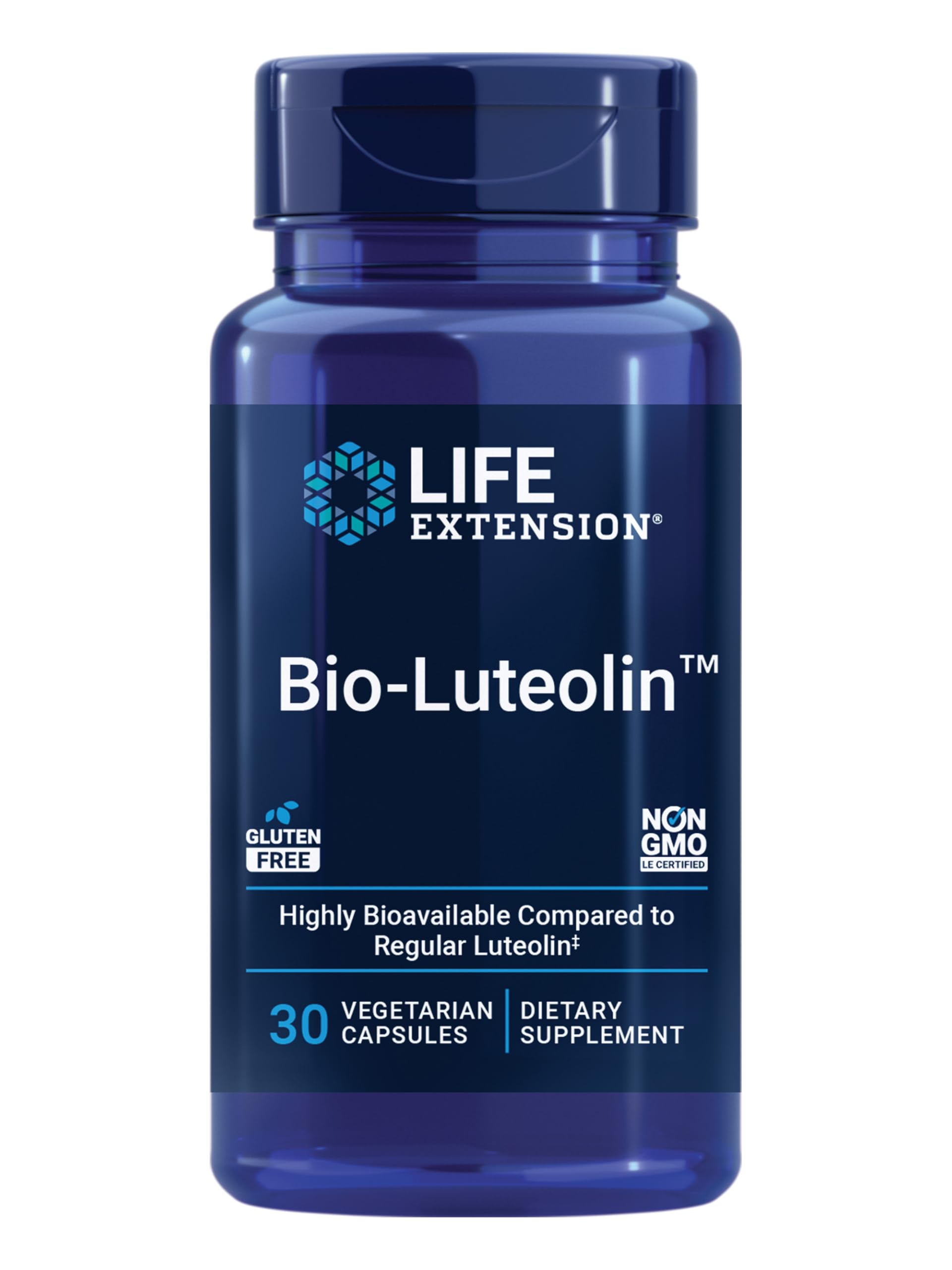 Life Extension frasco frontal mostrando 30 cápsulas y beneficios de absorción