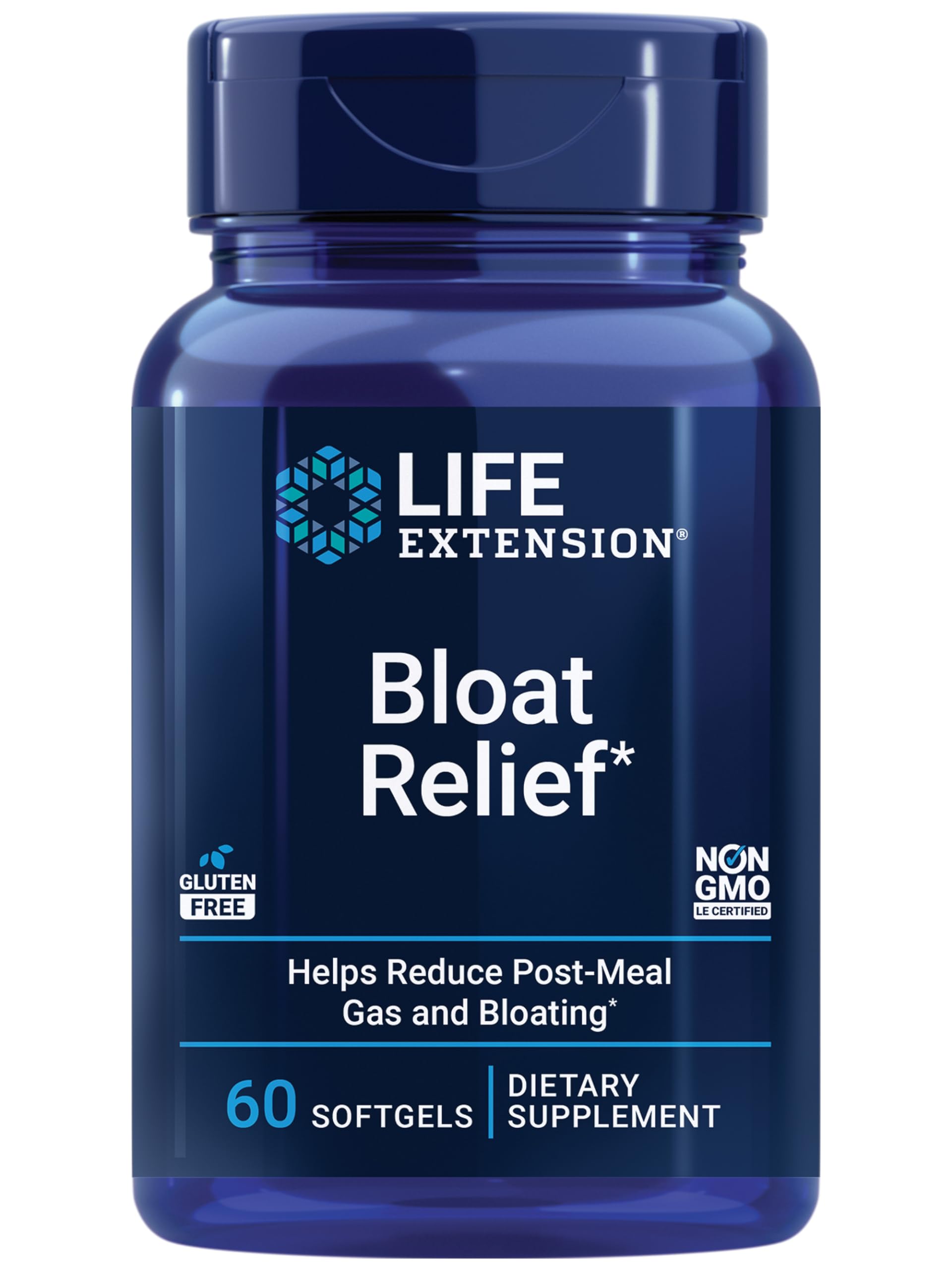Life Extension envase frontal mostrando 60 softgels para alivio digestivo