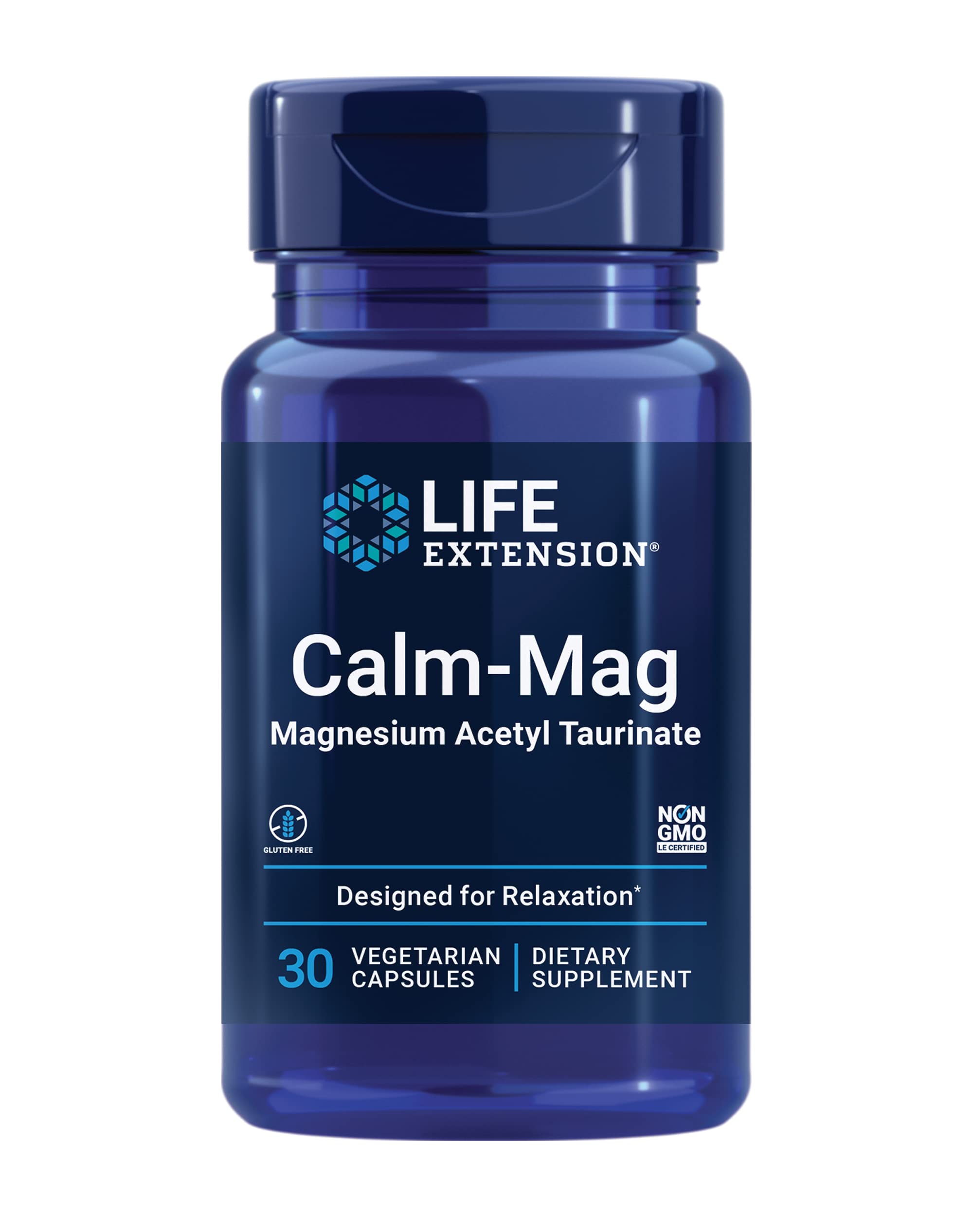 Life Extension envase Calm-Mag visible desde el frente con beneficio de claridad