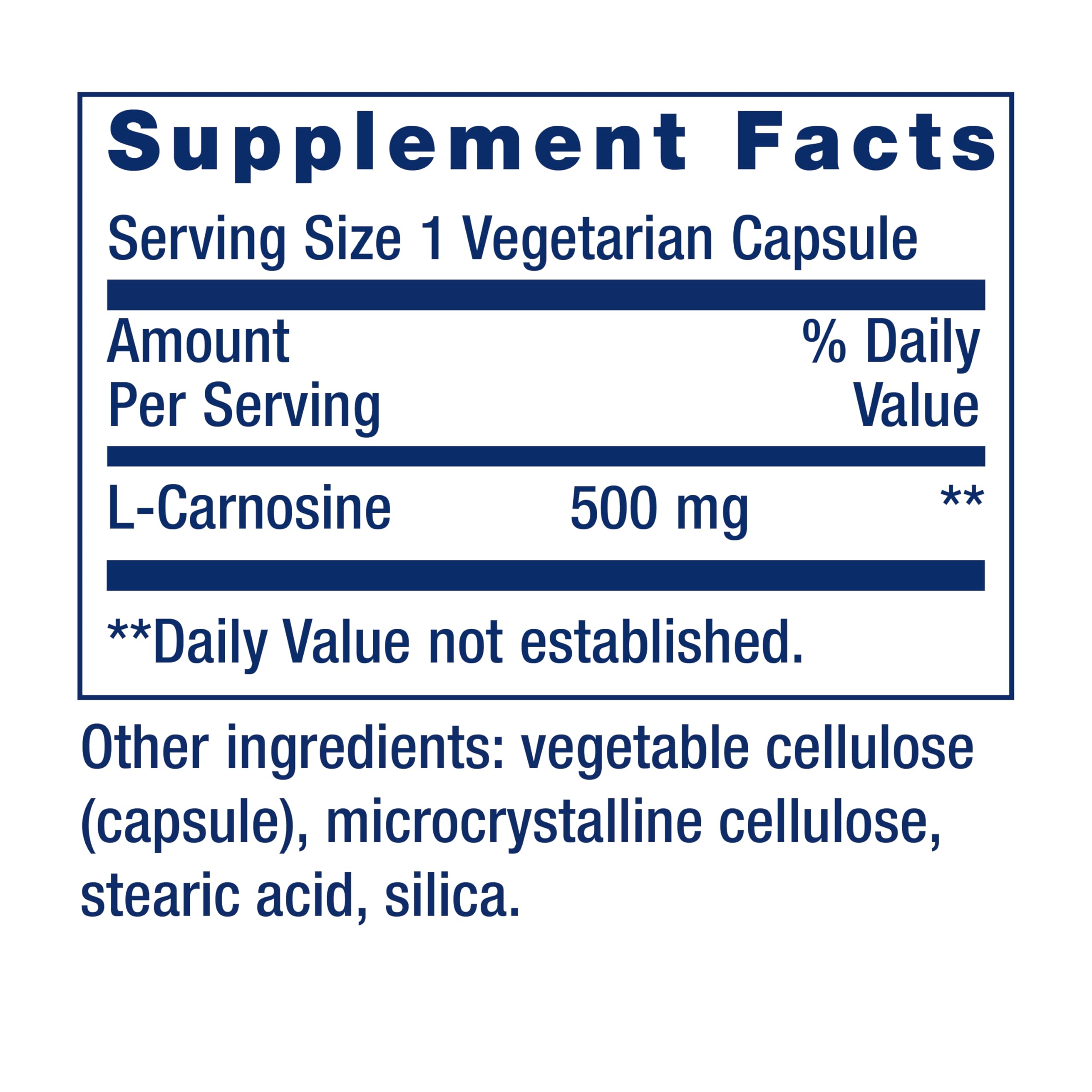 Life Extension etiqueta nutricional mostrando 500 mg de L-carnosina por dosis