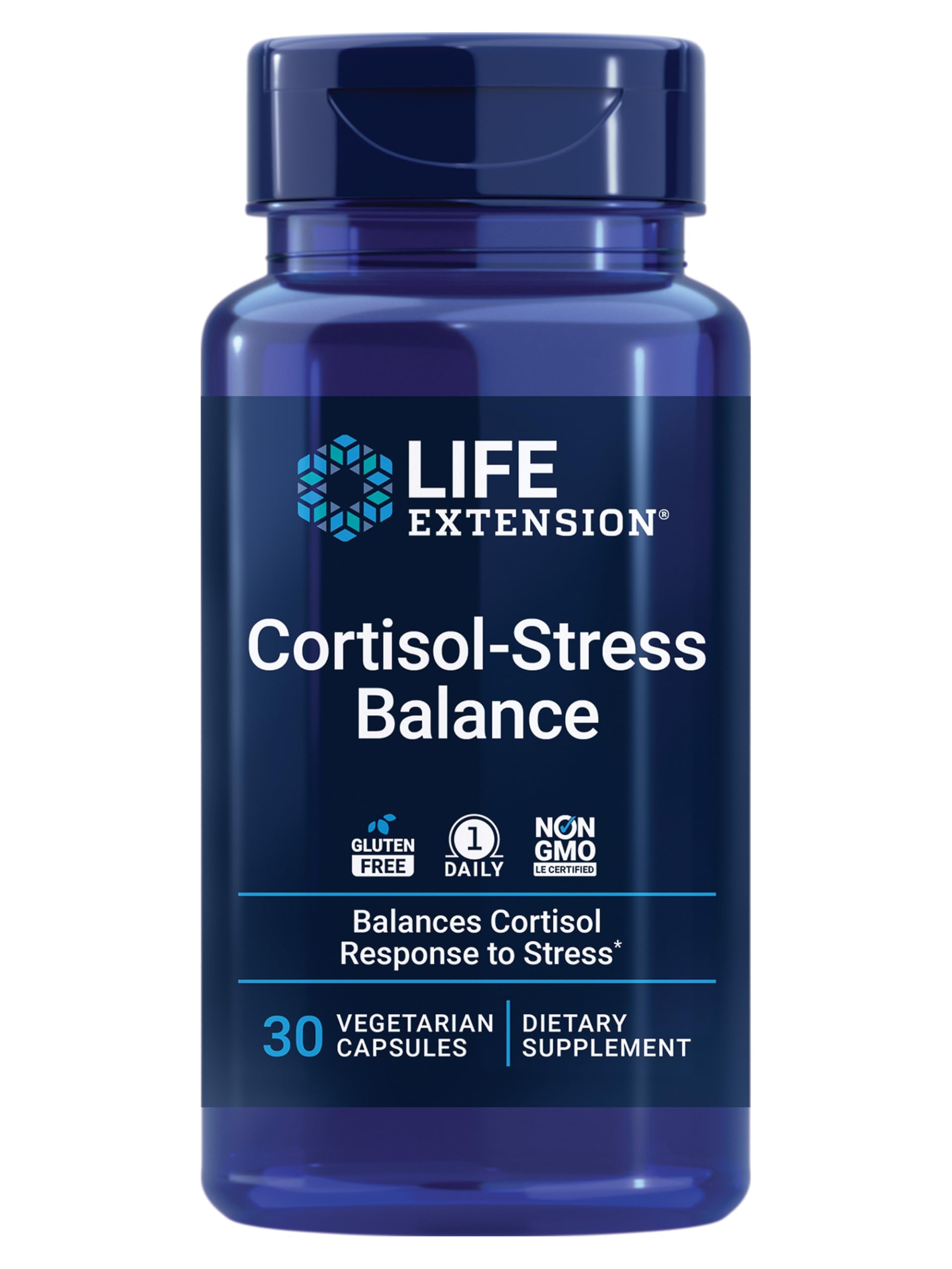 Life Extension frasco de Cortisol-Stress Balance frente mostrando etiqueta y beneficio de apoyo al estrés