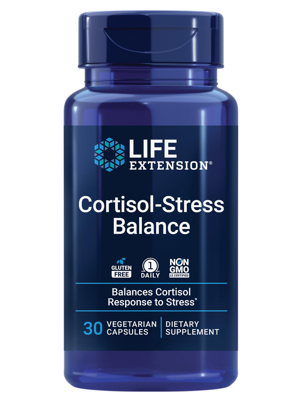 Life Extension frasco de Cortisol-Stress Balance frente mostrando etiqueta y beneficio de apoyo al estrés