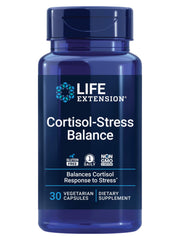 Life Extension frasco de Cortisol-Stress Balance frente mostrando etiqueta y beneficio de apoyo al estrés