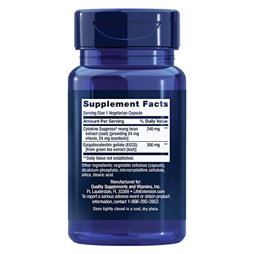 Life Extension Cytokine Suppress EGCG bottle side shows gluten-free, non-GMO ingredients.