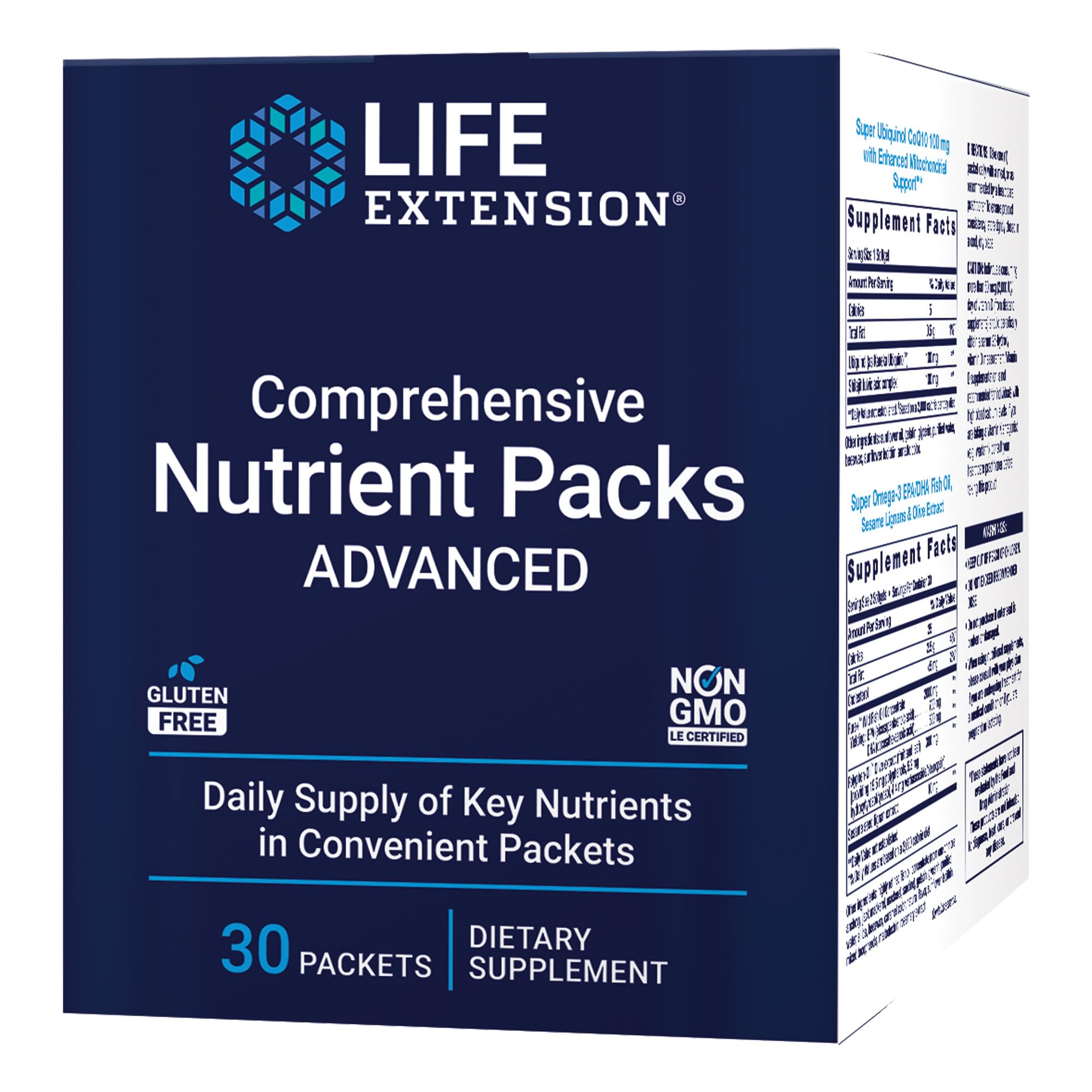 Life Extension empaque frontal mostrando 30 sobres, conveniencia diaria