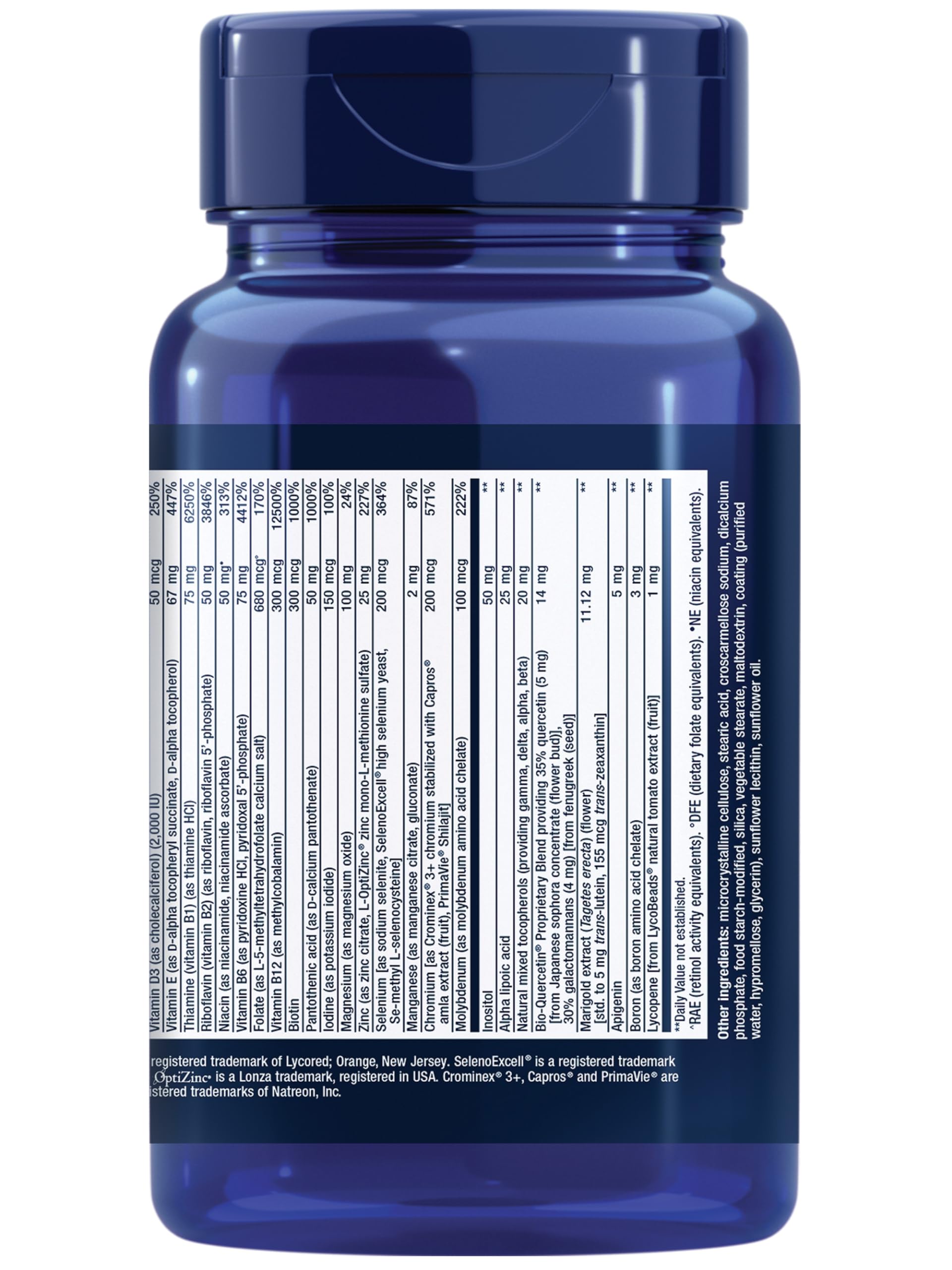 Life Extension botella abierta con tabletas visibles, permite ver dosis