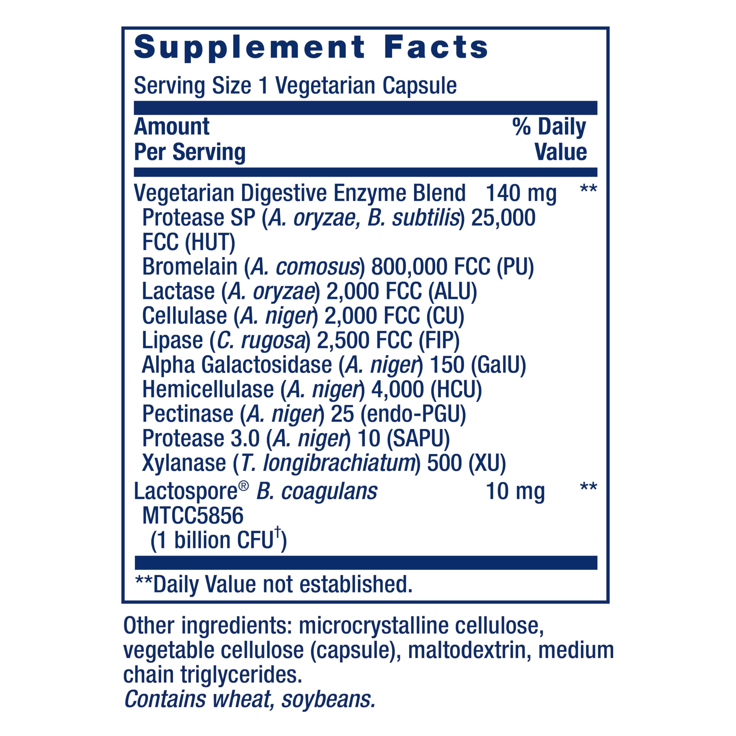 Life Extension etiqueta con información nutricional y lista de enzimas y probiótico