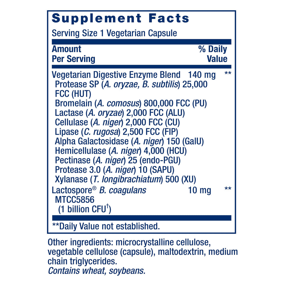 Life Extension etiqueta con información nutricional y lista de enzimas y probiótico