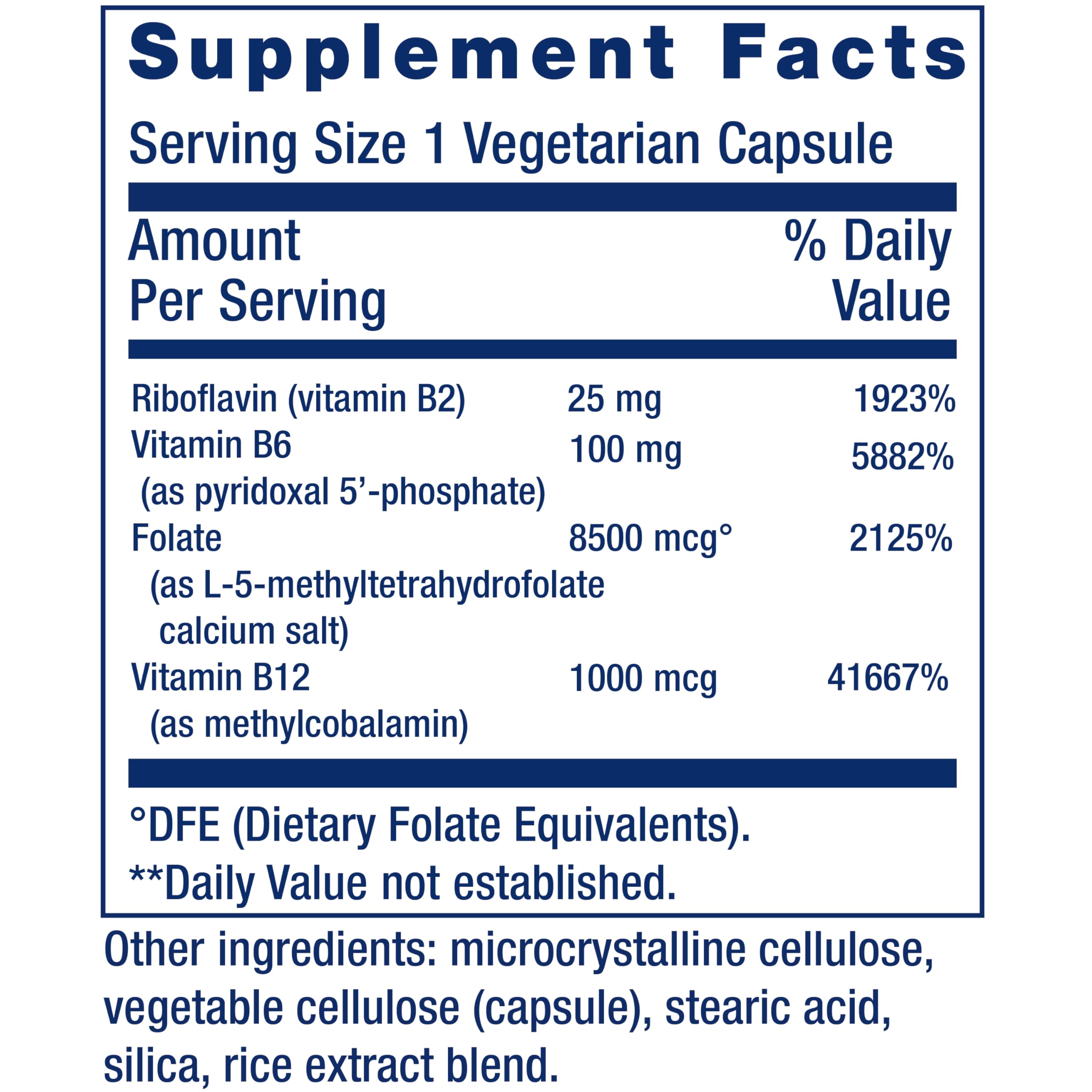 Life Extension etiqueta con lista de ingredientes y formas bioactivas de vitaminas B