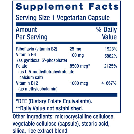 Life Extension etiqueta con lista de ingredientes y formas bioactivas de vitaminas B