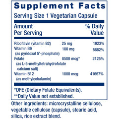 Life Extension etiqueta con lista de ingredientes y formas bioactivas de vitaminas B