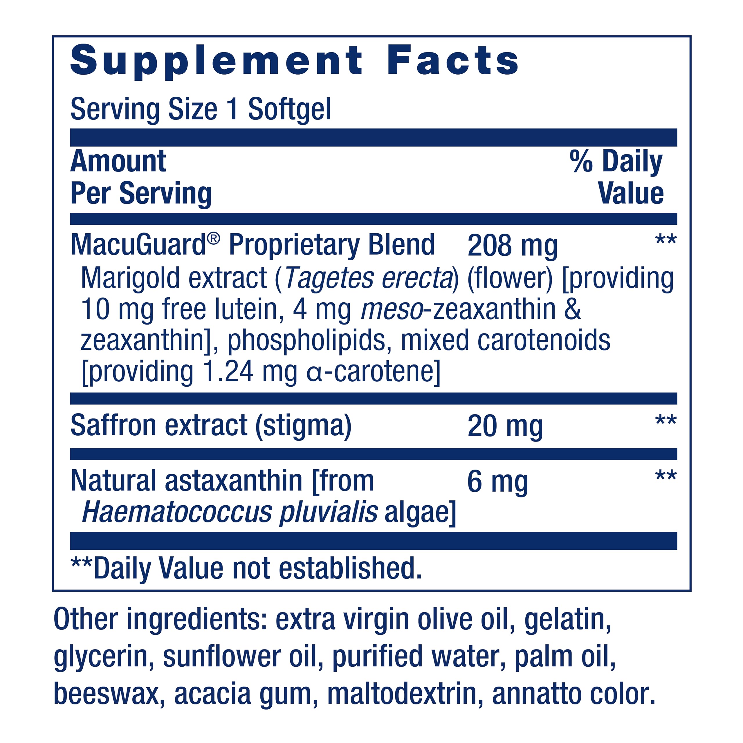 Life Extension etiqueta de ingredientes de MacuGuard que destaca luteína y zeaxantina