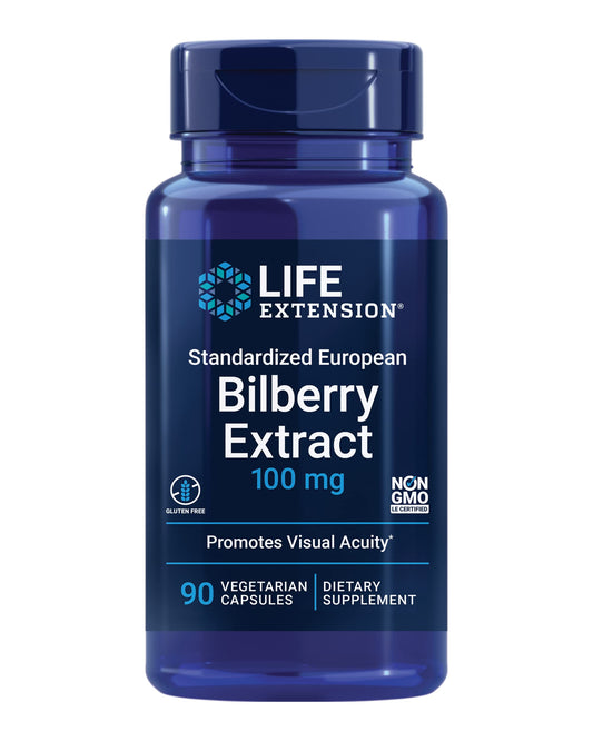 Life Extension frasco del producto mostrando 90 cápsulas y beneficios de apoyo ocular