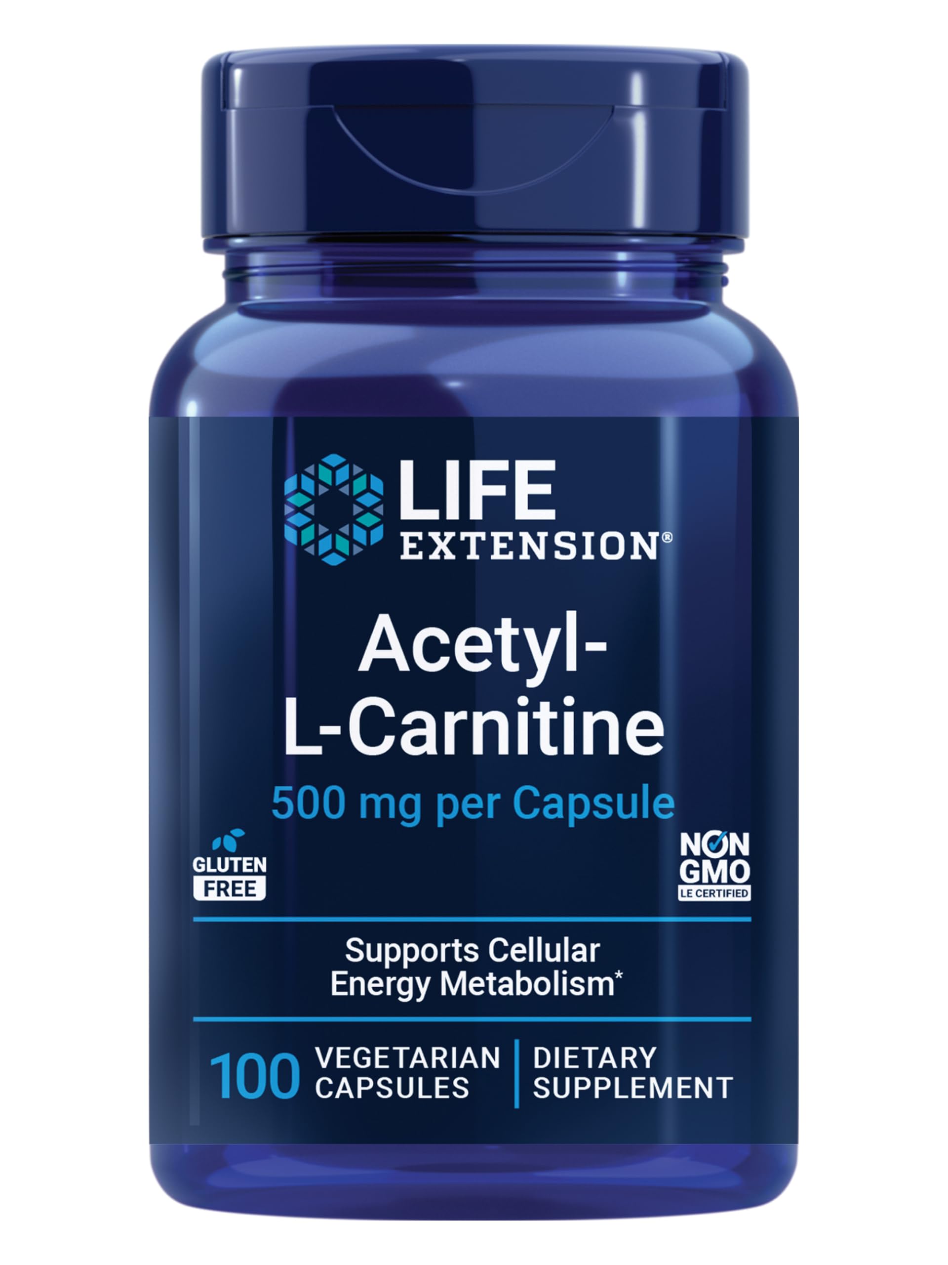 Life Extension frasco delantero mostrando acetyl‑L‑carnitine y beneficios