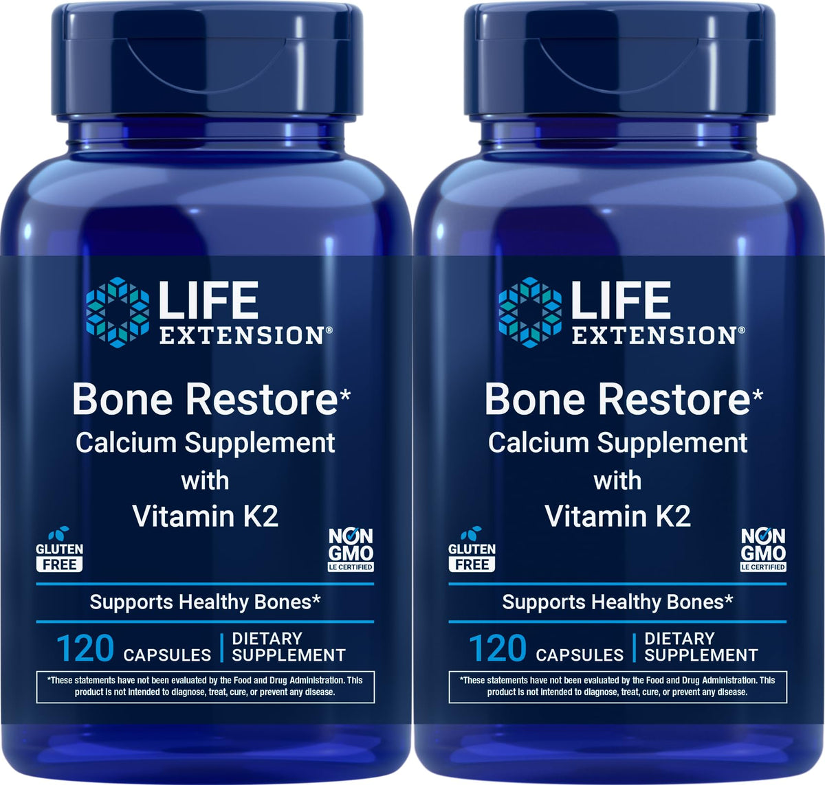 Life Extension frasco delantero de Bone Restore mostrando etiqueta y beneficios