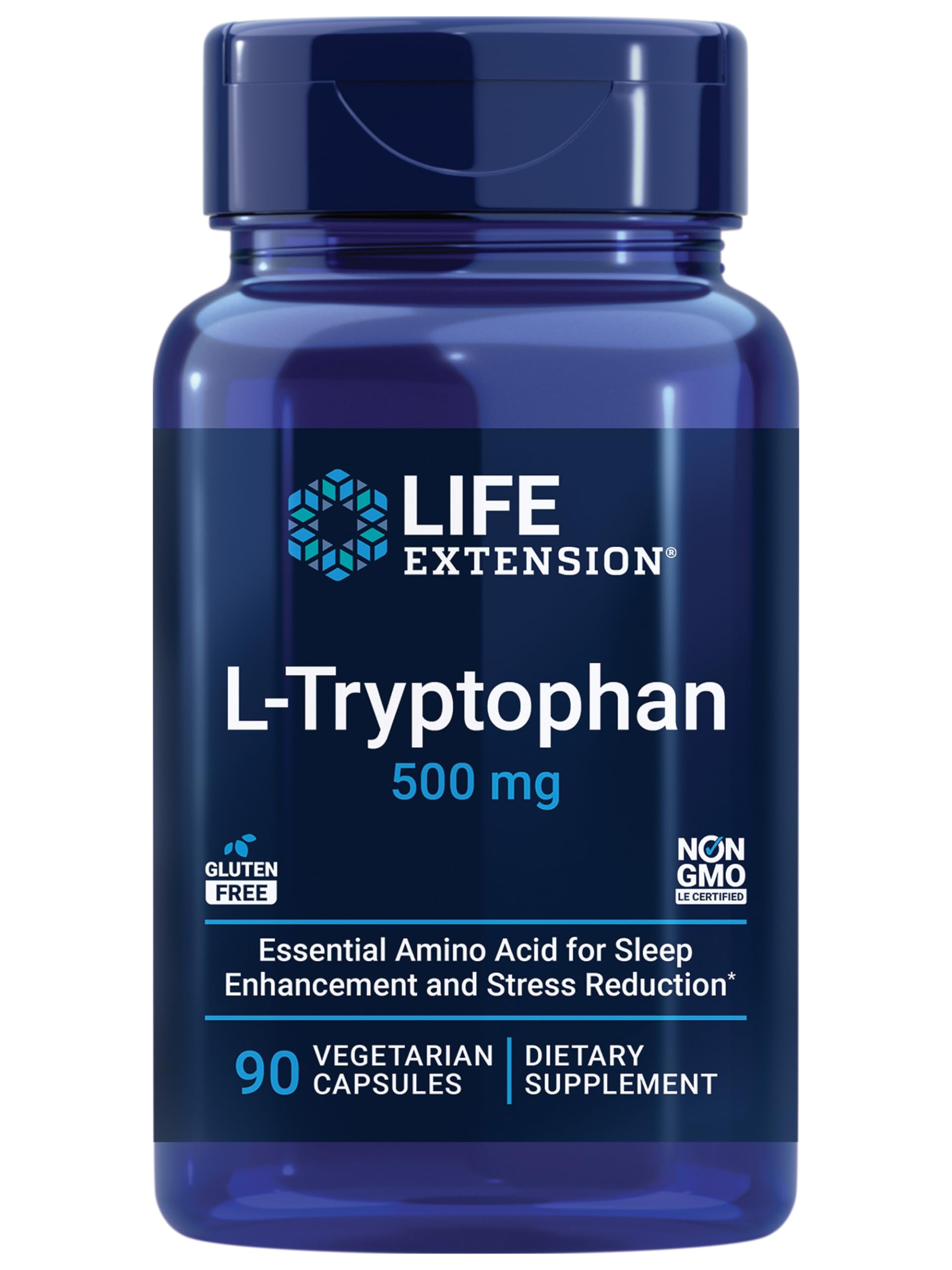 Life Extension frasco delantero mostrando L‑Tryptophan y beneficio sueño