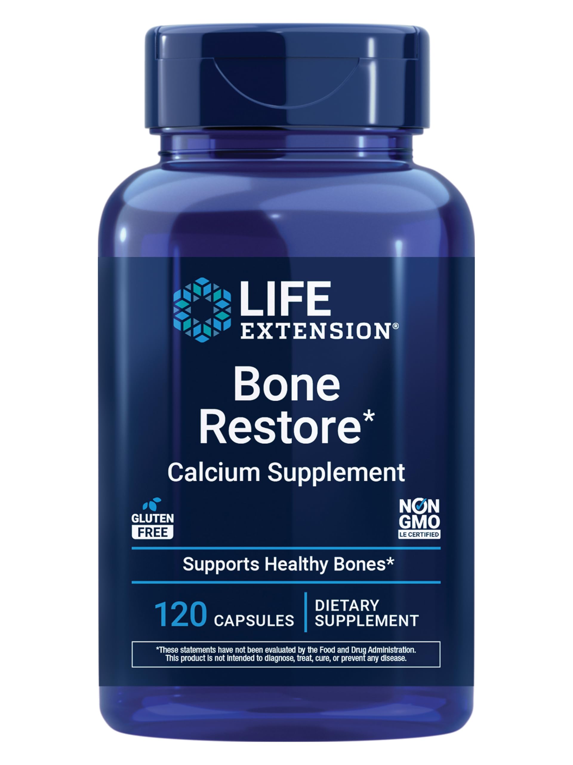 Life Extension frasco frontal mostrando Bone Restore y beneficio de respaldo óseo