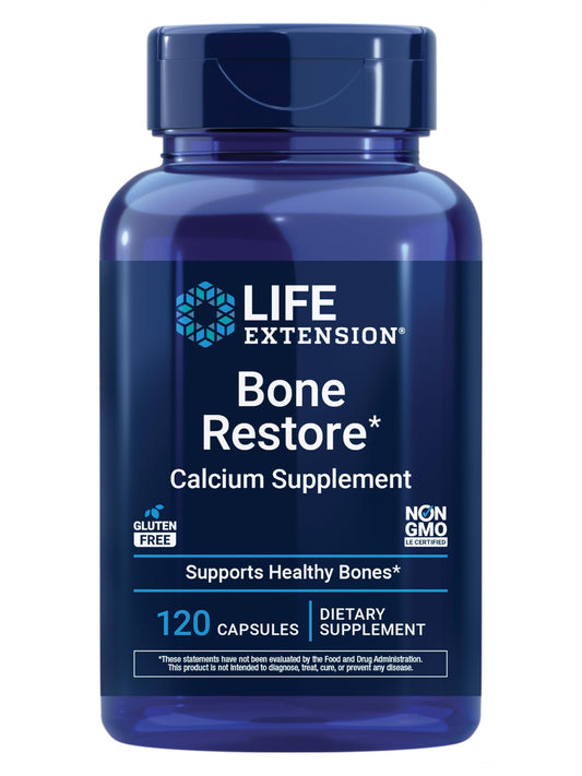Life Extension frasco frontal mostrando Bone Restore y beneficio de respaldo óseo