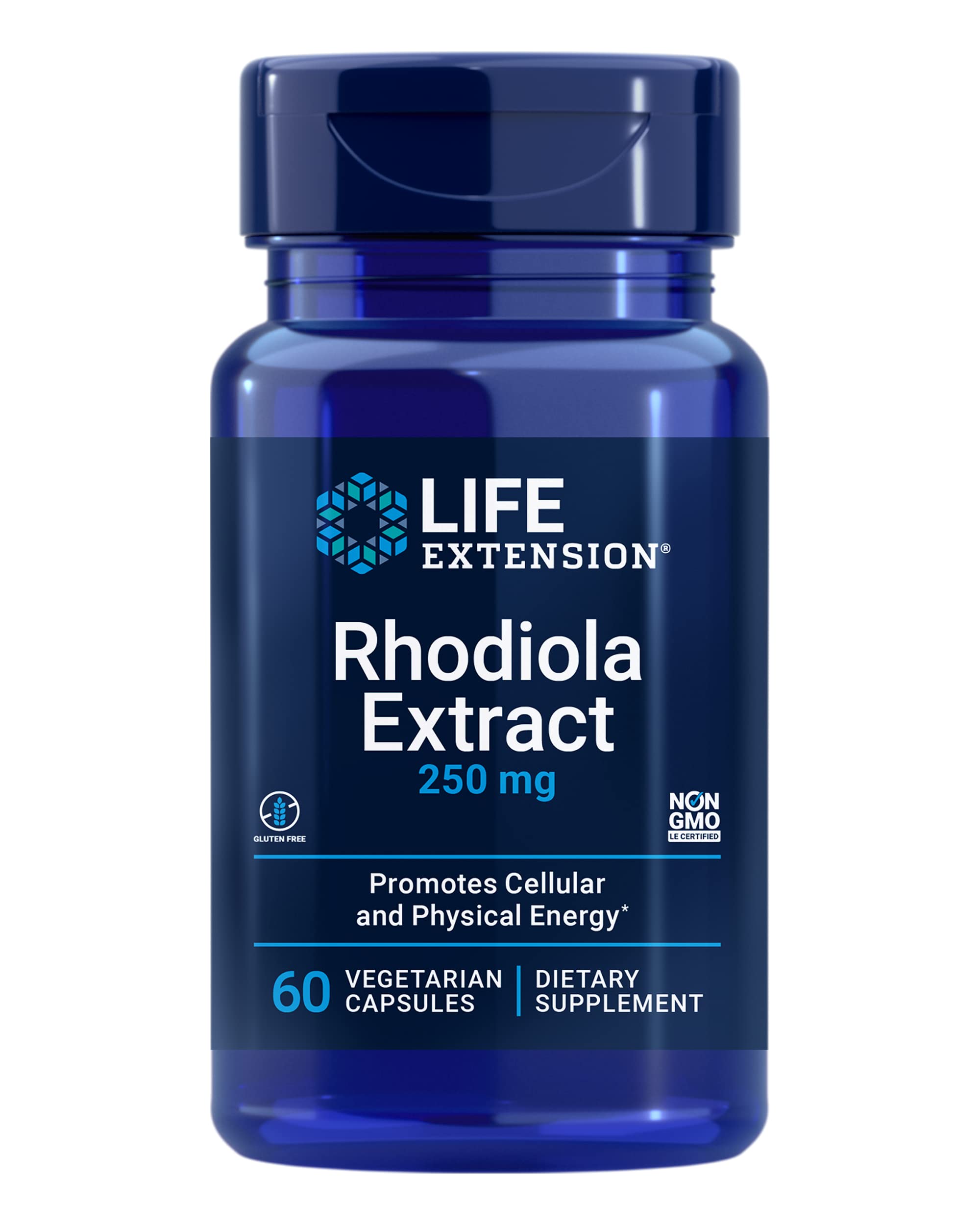 Life Extension frasco frontal de Rhodiola Extract mostrando etiqueta y beneficio de energía