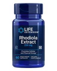 Life Extension frasco frontal de Rhodiola Extract mostrando etiqueta y beneficio de energía