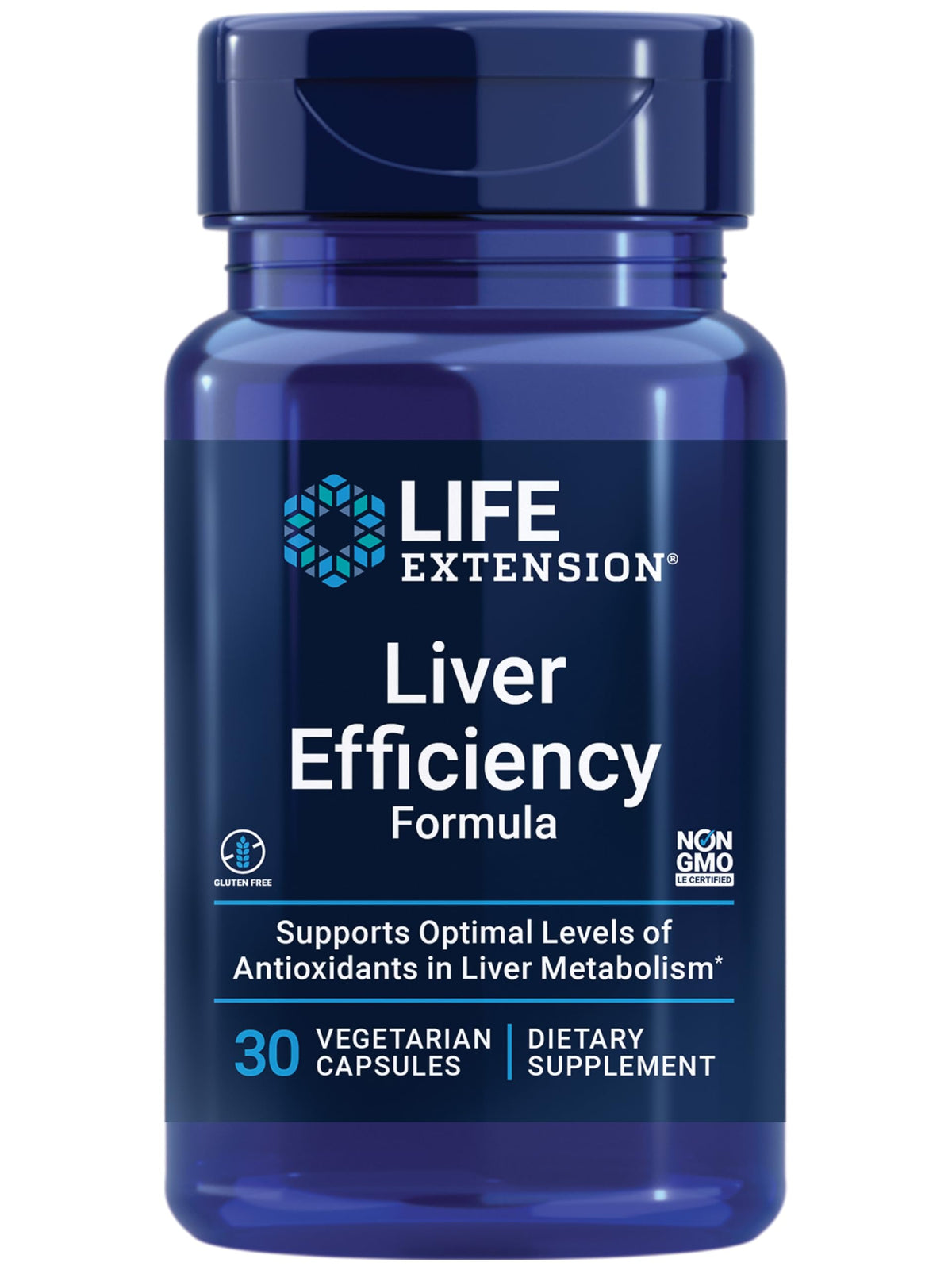 Life Extension frasco frontal mostrando envase claro y información de producto